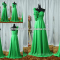 Real picture beautiful green a line one shoulder handmade flower chiffon long prom dress JPD117